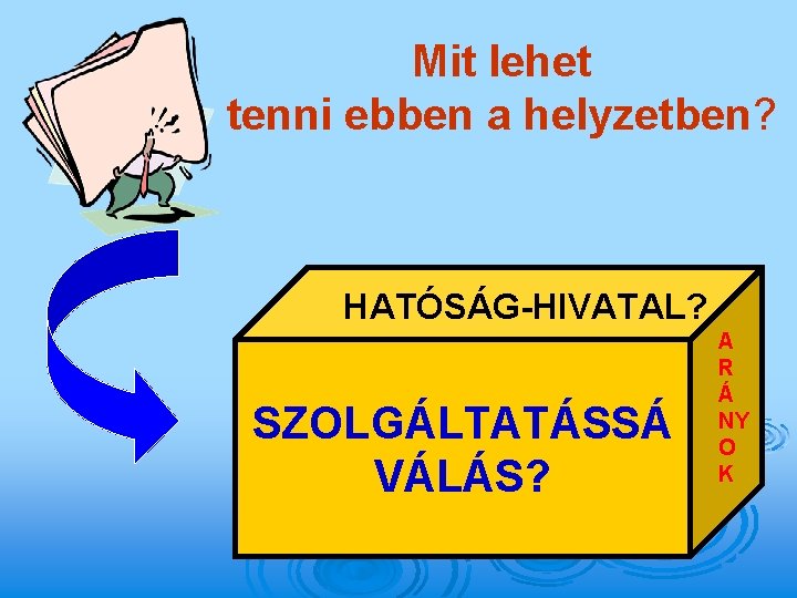 Mit lehet tenni ebben a helyzetben? HATÓSÁG-HIVATAL? SZOLGÁLTATÁSSÁ VÁLÁS? A R Á NY O