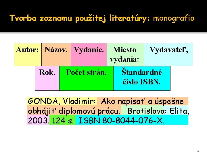 Tvorba zoznamu použitej literatúry: monografia Autor: Názov. Vydanie. Rok. Počet strán. Miesto vydania: Vydavateľ,