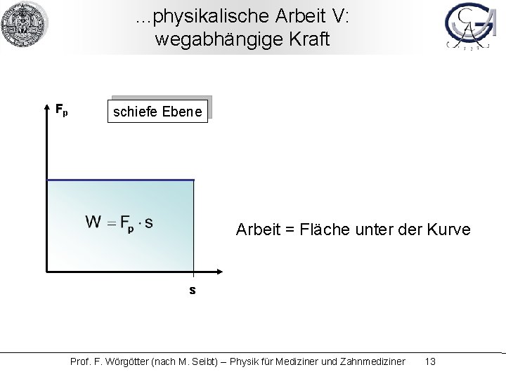 . . . physikalische Arbeit V: wegabhängige Kraft Fp schiefe Ebene Arbeit = Fläche