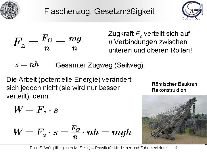 Flaschenzug: Gesetzmäßigkeit Zugkraft Fz verteilt sich auf n Verbindungen zwischen unteren und oberen Rollen!