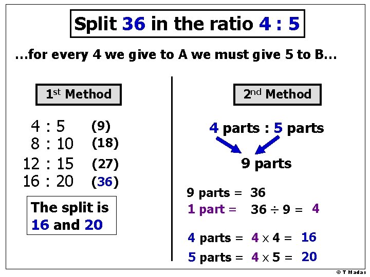 Split 36 in the ratio 4 : 5 …for every 4 we give to