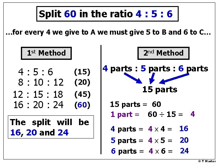 Split 60 in the ratio 4 : 5 : 6 …for every 4 we