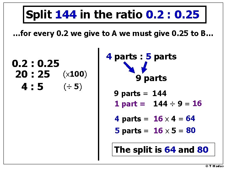 Split 144 in the ratio 0. 2 : 0. 25 …for every 0. 2