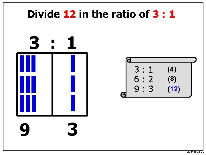 Divide 12 in the ratio of 3 : 1 3: 1 6: 2 9: