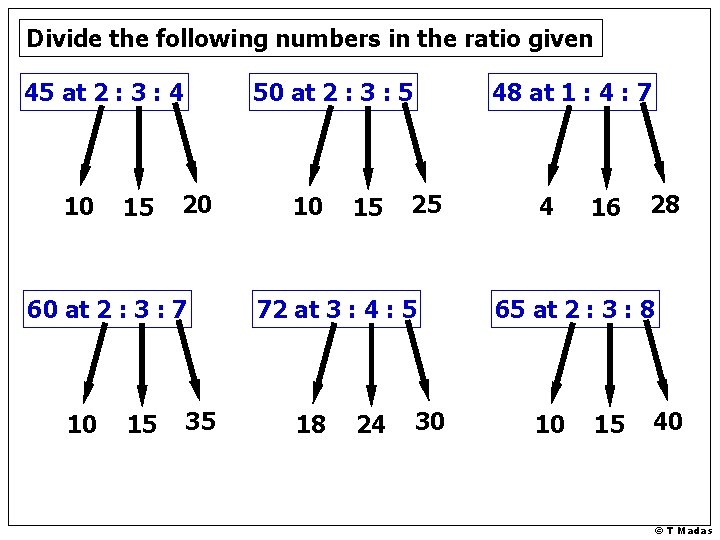 Divide the following numbers in the ratio given 45 at 2 : 3 :