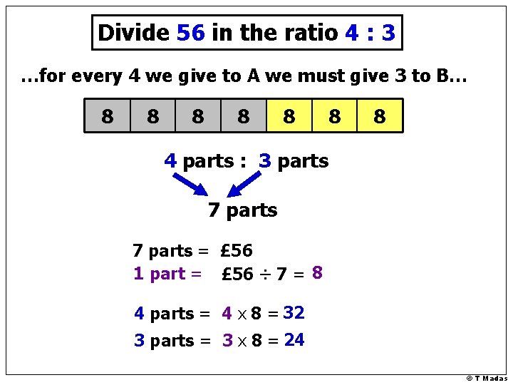 Divide 56 in the ratio 4 : 3 …for every 4 we give to