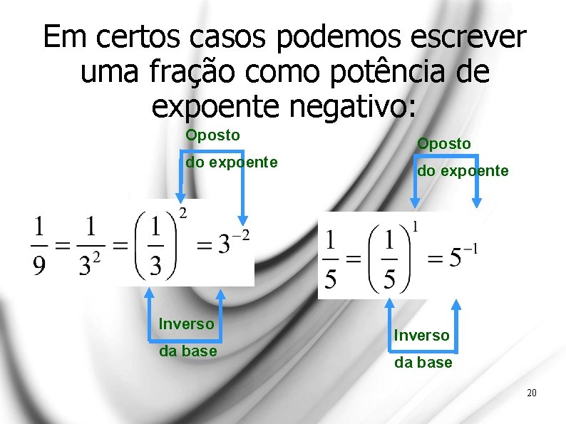 Em certos casos podemos escrever uma fração como potência de expoente negativo: Oposto do