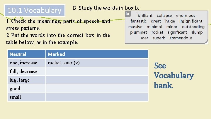 10. 1 Vocabulary D Study the words in box b. 1 Check the meanings,
