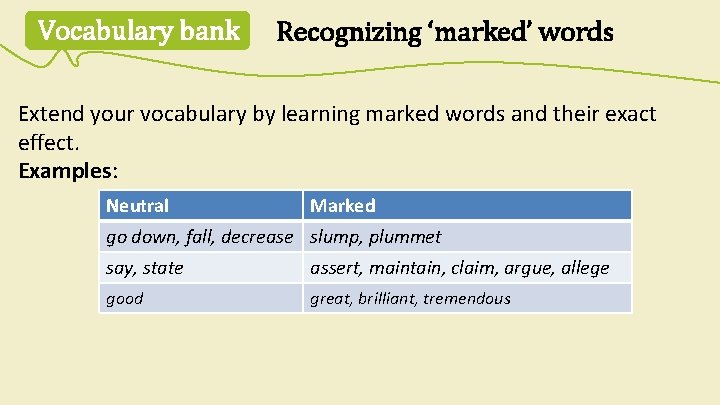 Vocabulary bank Recognizing ‘marked’ words Extend your vocabulary by learning marked words and their