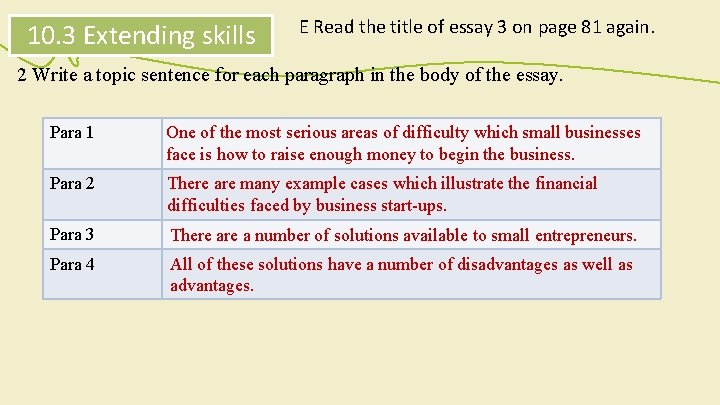 10. 3 Extending skills E Read the title of essay 3 on page 81