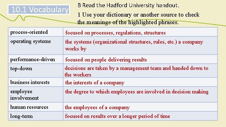 10. 1 Vocabulary B Read the Hadford University handout. 1 Use your dictionary or