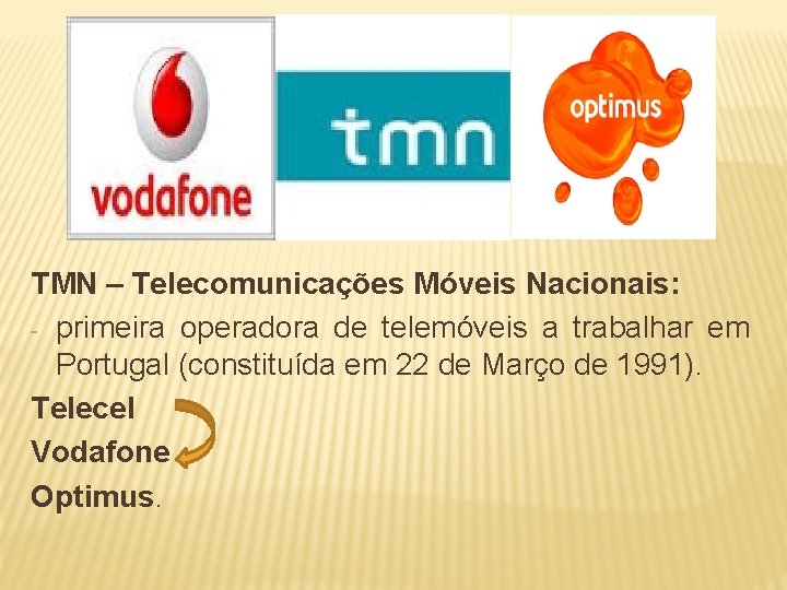 TMN – Telecomunicações Móveis Nacionais: - primeira operadora de telemóveis a trabalhar em Portugal