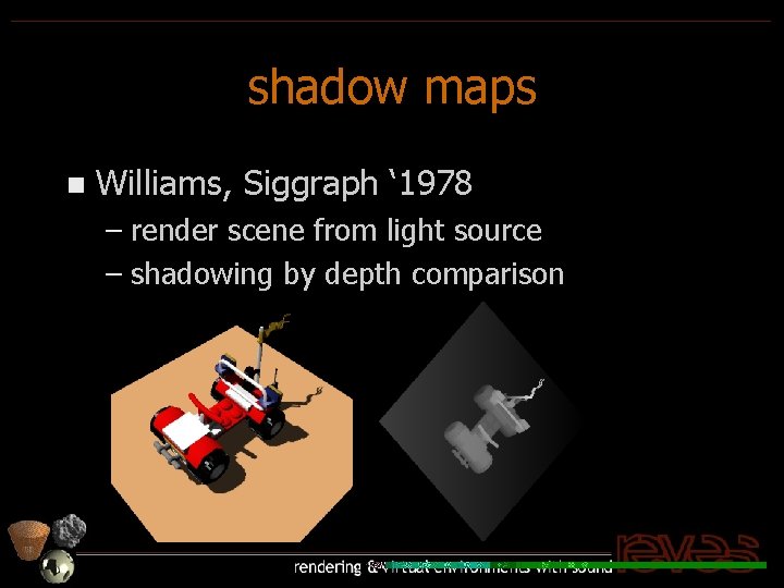 shadow maps n Williams, Siggraph ‘ 1978 – render scene from light source –