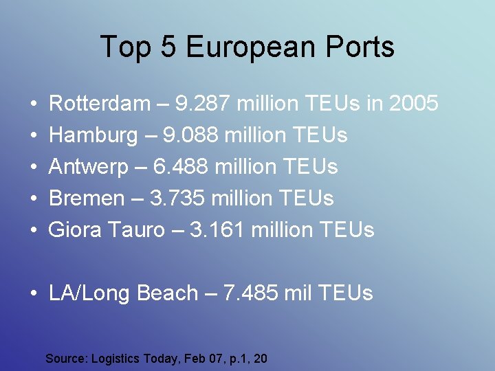 Top 5 European Ports • • • Rotterdam – 9. 287 million TEUs in