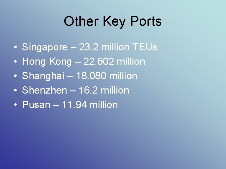 Other Key Ports • • • Singapore – 23. 2 million TEUs Hong Kong
