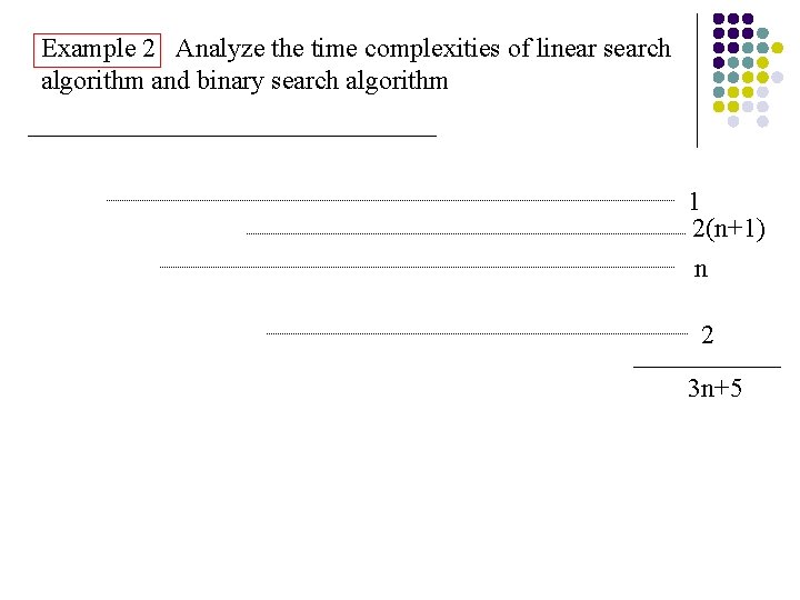 Example 2 Analyze the time complexities of linear search algorithm and binary search algorithm