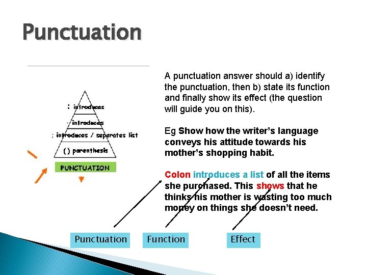 Punctuation A punctuation answer should a) identify the punctuation, then b) state its function