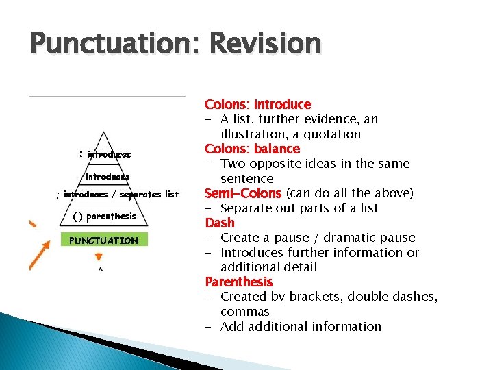 Punctuation: Revision Colons: introduce - A list, further evidence, an illustration, a quotation Colons: