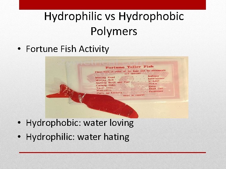 Hydrophilic vs Hydrophobic Polymers • Fortune Fish Activity • Hydrophobic: water loving • Hydrophilic: