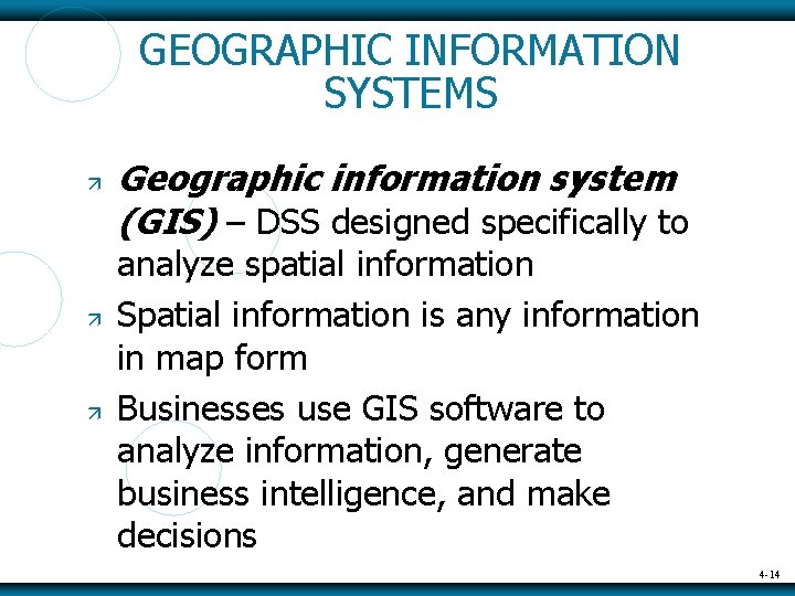 GEOGRAPHIC INFORMATION SYSTEMS Geographic information system (GIS) – DSS designed specifically to analyze spatial