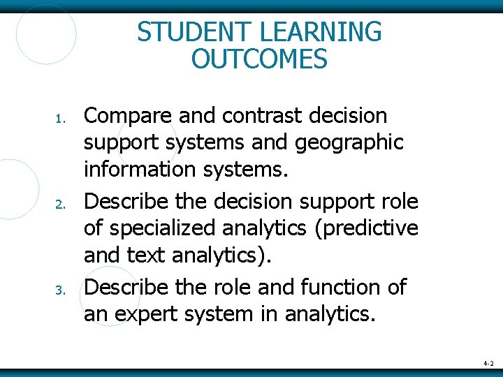STUDENT LEARNING OUTCOMES 1. 2. 3. Compare and contrast decision support systems and geographic