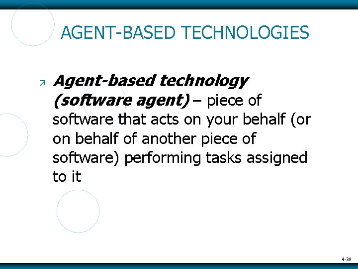 AGENT-BASED TECHNOLOGIES Agent-based technology (software agent) – piece of software that acts on your