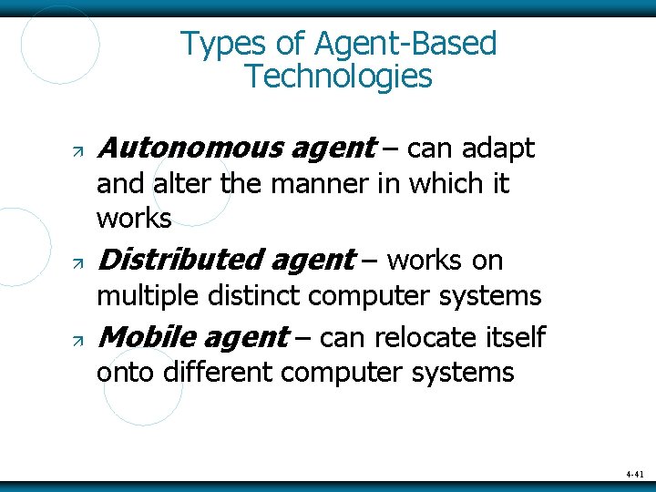 Types of Agent-Based Technologies Autonomous agent – can adapt and alter the manner in
