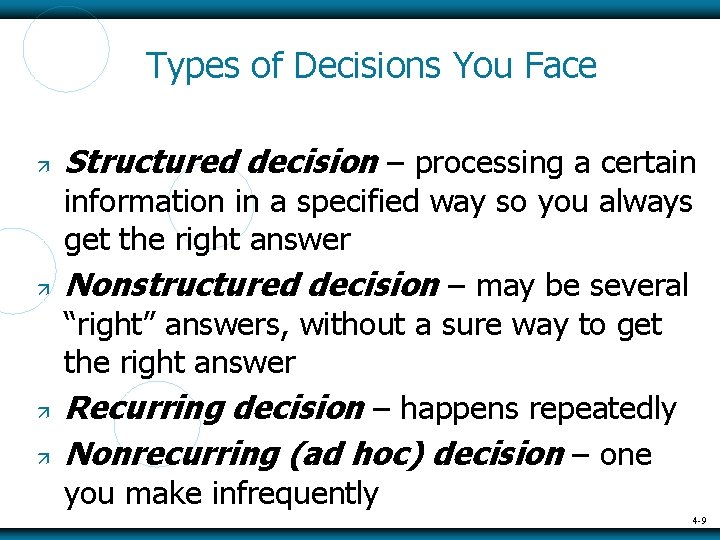 Types of Decisions You Face Structured decision – processing a certain information in a