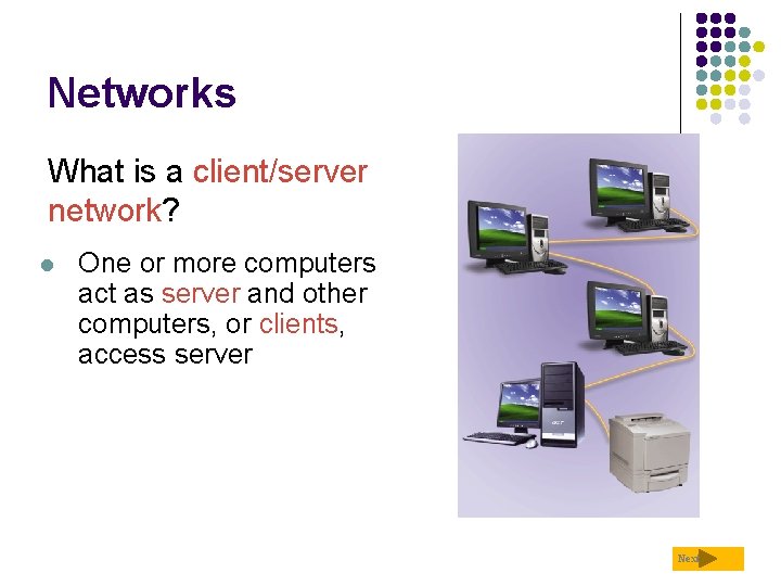 Networks What is a client/server network? l One or more computers act as server