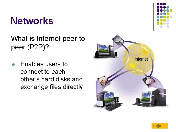 Networks What is Internet peer-topeer (P 2 P)? l Enables users to connect to