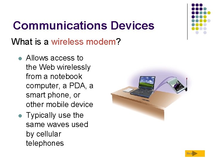 Communications Devices What is a wireless modem? l l Allows access to the Web