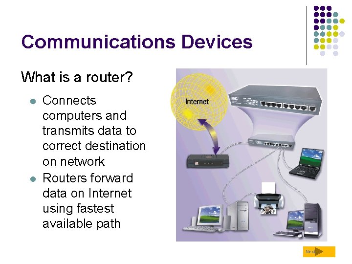 Communications Devices What is a router? l l Connects computers and transmits data to