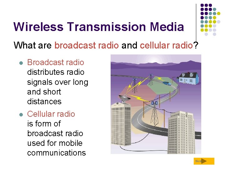 Wireless Transmission Media What are broadcast radio and cellular radio? l Broadcast radio distributes