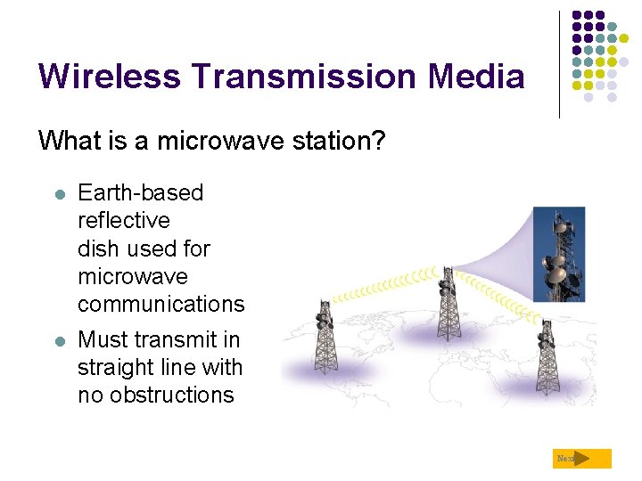 Wireless Transmission Media What is a microwave station? l Earth-based reflective dish used for