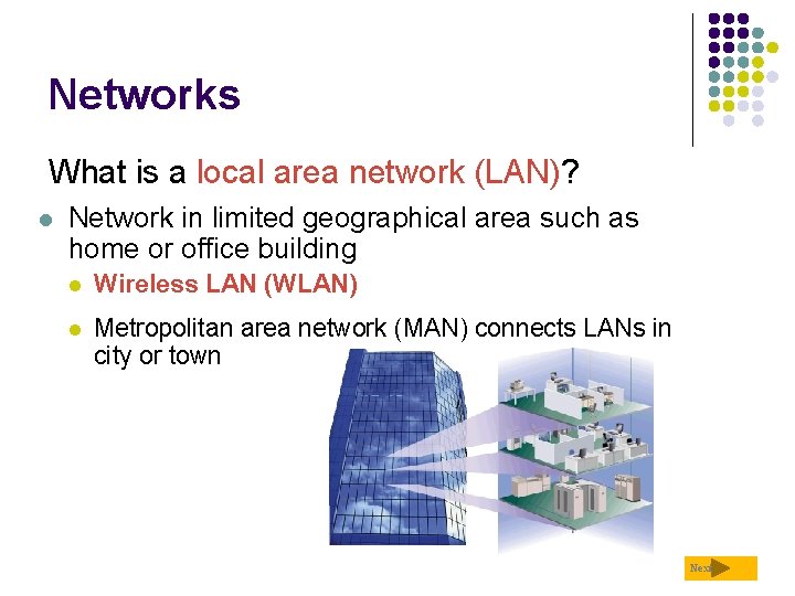 Networks What is a local area network (LAN)? l Network in limited geographical area