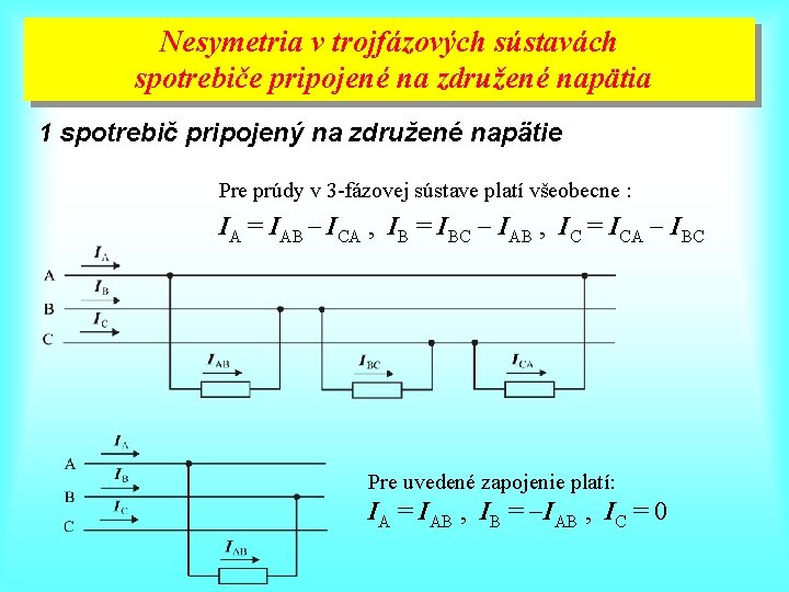 Nesymetria v trojfázových sústavách spotrebiče pripojené na združené napätia 1 spotrebič pripojený na združené Nesymetria v trojfázových sústavách spotrebiče pripojené na združené napätia 1 spotrebič pripojený na združené