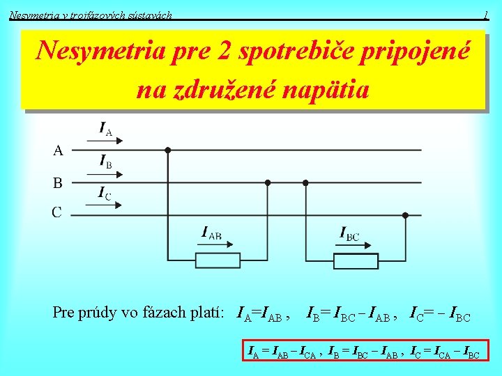 Nesymetria v trojfázových sústavách 1 Nesymetria pre 2 spotrebiče pripojené na združené napätia Pre Nesymetria v trojfázových sústavách 1 Nesymetria pre 2 spotrebiče pripojené na združené napätia Pre