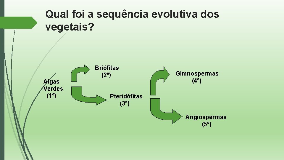 Qual foi a sequência evolutiva dos vegetais? Algas Verdes (1º) Briófitas (2º) Gimnospermas (4º)