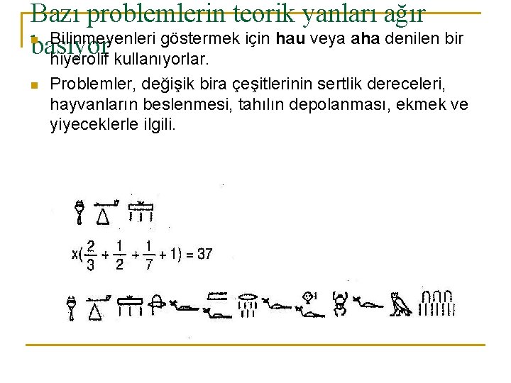 Bazı problemlerin teorik yanları ağır n Bilinmeyenleri göstermek için hau veya aha denilen bir