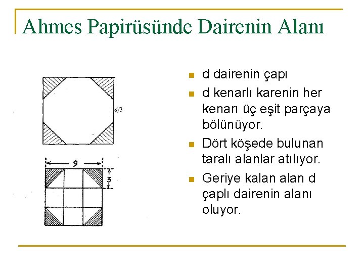 Ahmes Papirüsünde Dairenin Alanı n n d dairenin çapı d kenarlı karenin her kenarı