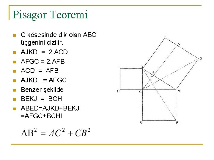 Pisagor Teoremi n n n n C köşesinde dik olan ABC üçgenini çizilir. AJKD