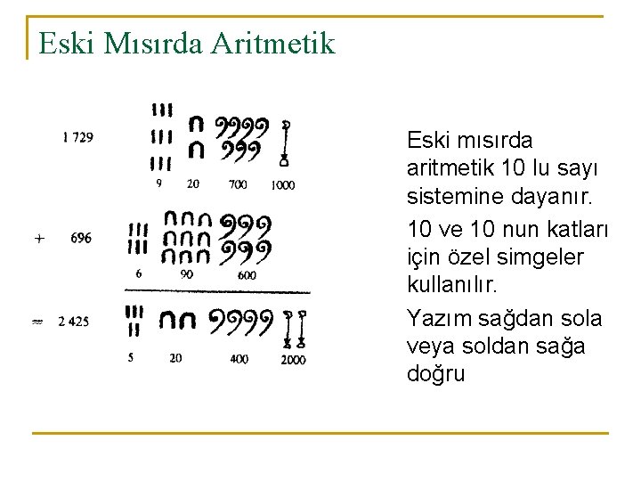 Eski Mısırda Aritmetik Eski mısırda aritmetik 10 lu sayı sistemine dayanır. 10 ve 10