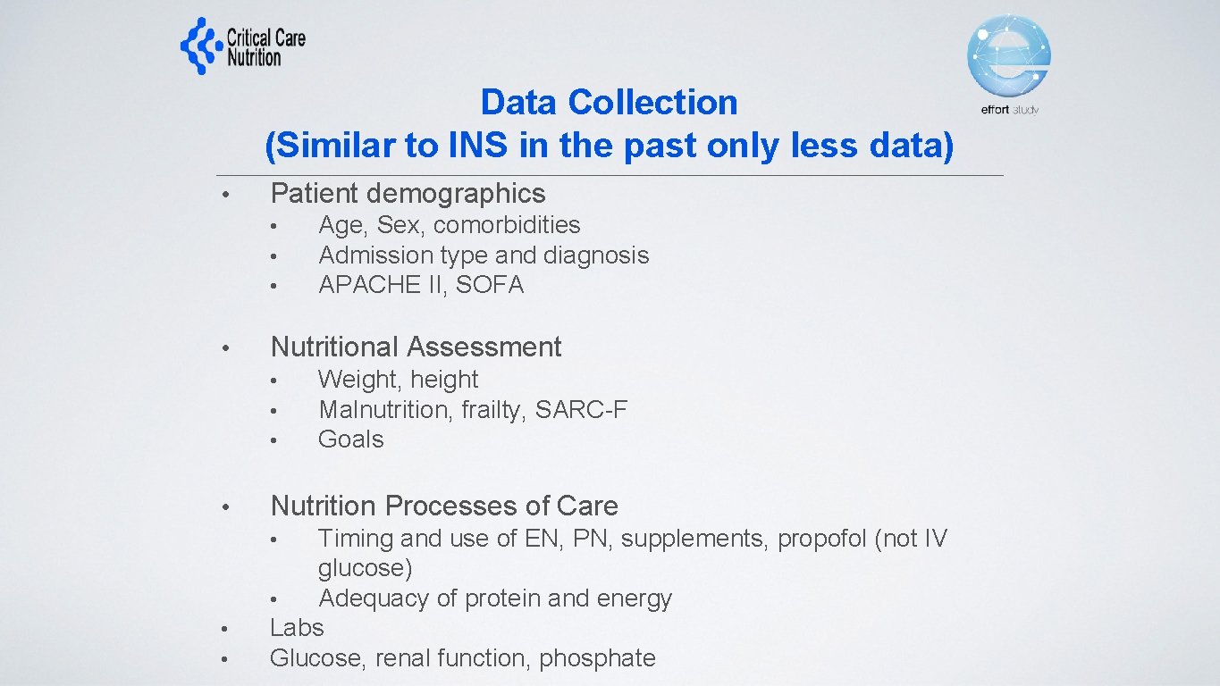 Data Collection (Similar to INS in the past only less data) • Patient demographics