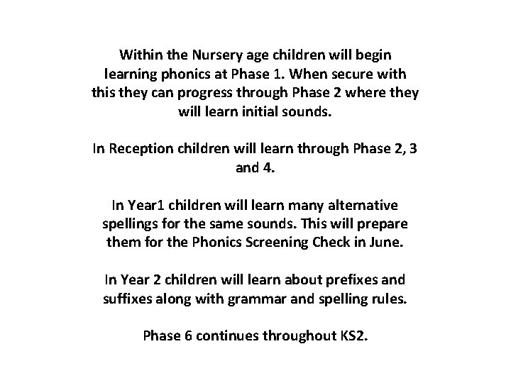 Within the Nursery age children will begin learning phonics at Phase 1. When secure