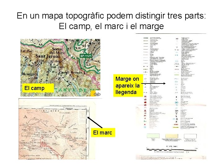 En un mapa topogràfic podem distingir tres parts: El camp, el marc i el