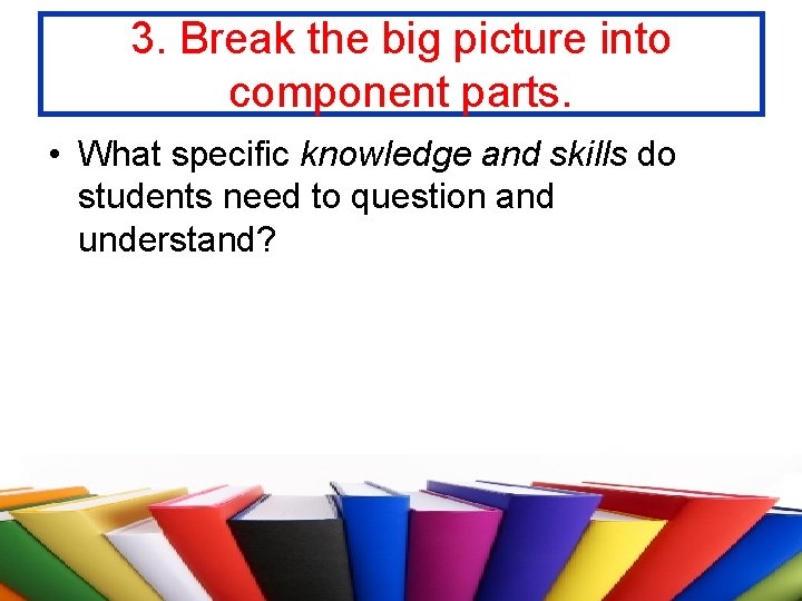 3. Break the big picture into component parts. • What specific knowledge and skills