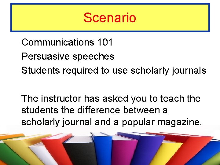 Scenario Communications 101 Persuasive speeches Students required to use scholarly journals The instructor has