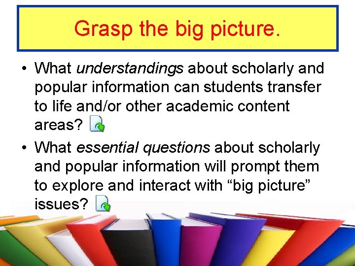 Grasp the big picture. • What understandings about scholarly and popular information can students