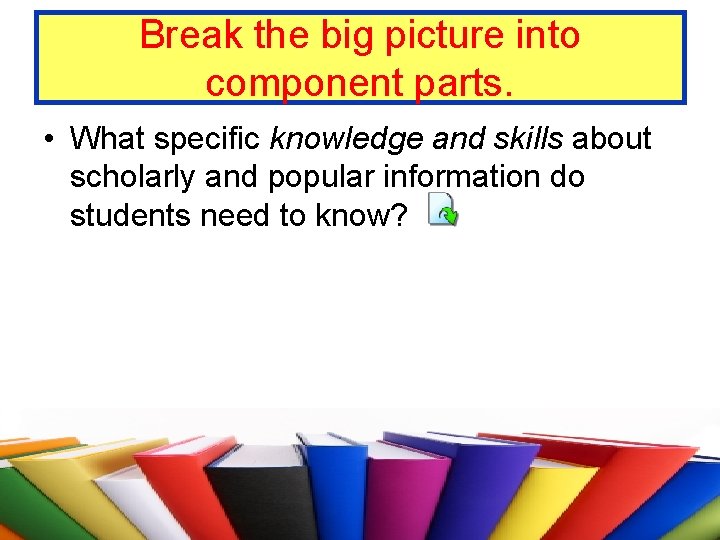 Break the big picture into component parts. • What specific knowledge and skills about