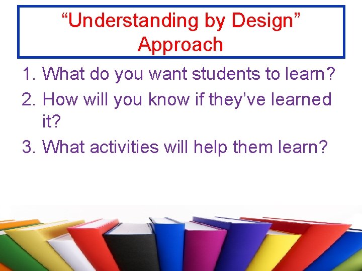 “Understanding by Design” Approach 1. What do you want students to learn? 2. How